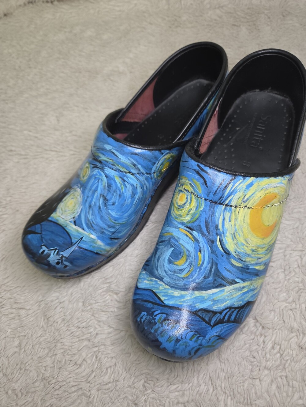 Women's Sanita Van Gogh Starry Night Art Print Clogs Shoes Sz 39 - Picture 3 of 15